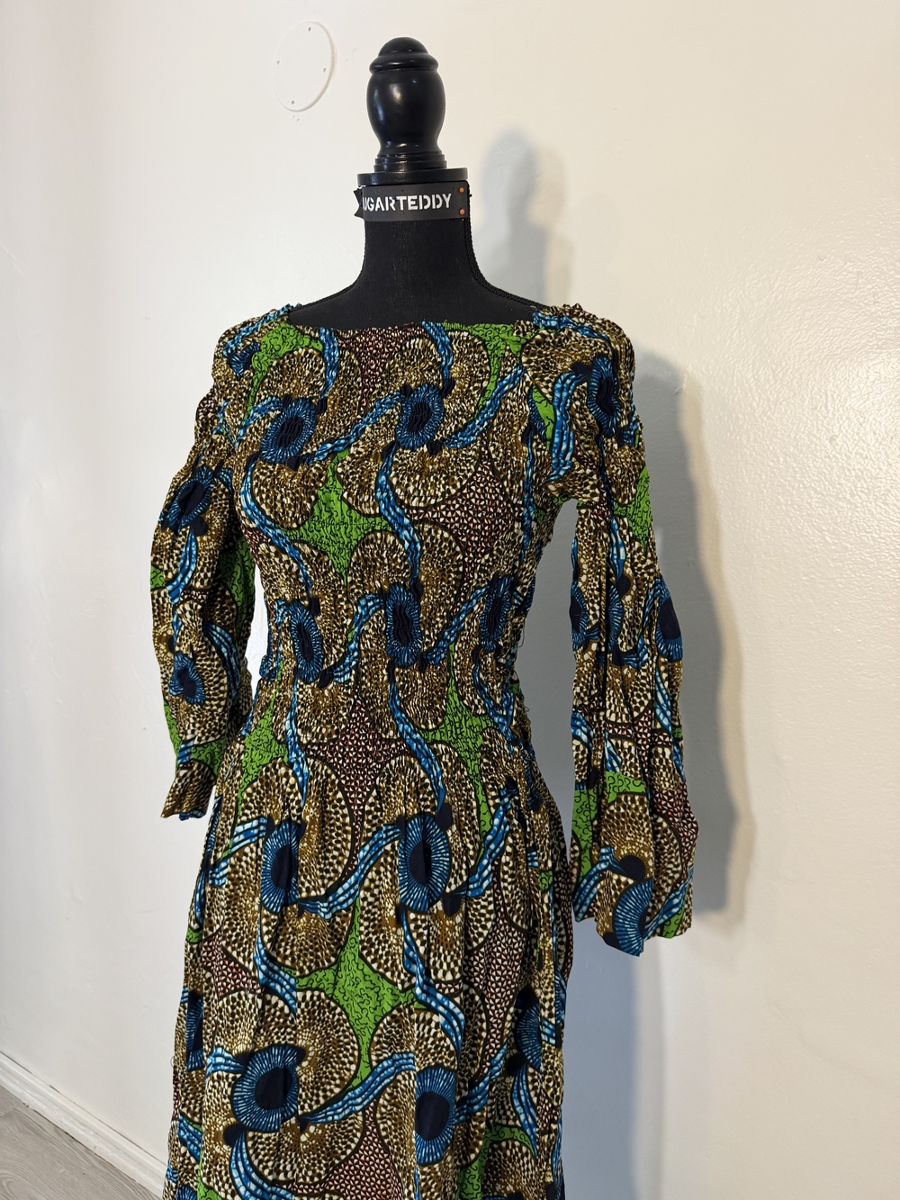 African Print Green & Blue Patterned Long-Sleeve Maxi Dress